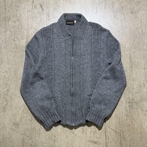 Vintage Campus Sweater Mens Medium Gray Wool Full Zip Knit Made USA 80s